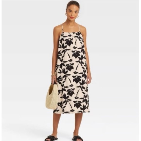 a new day Dresses & Skirts - A New Day Linen Blend‎ Black White Floral Midi Dress Size XXL Pockets